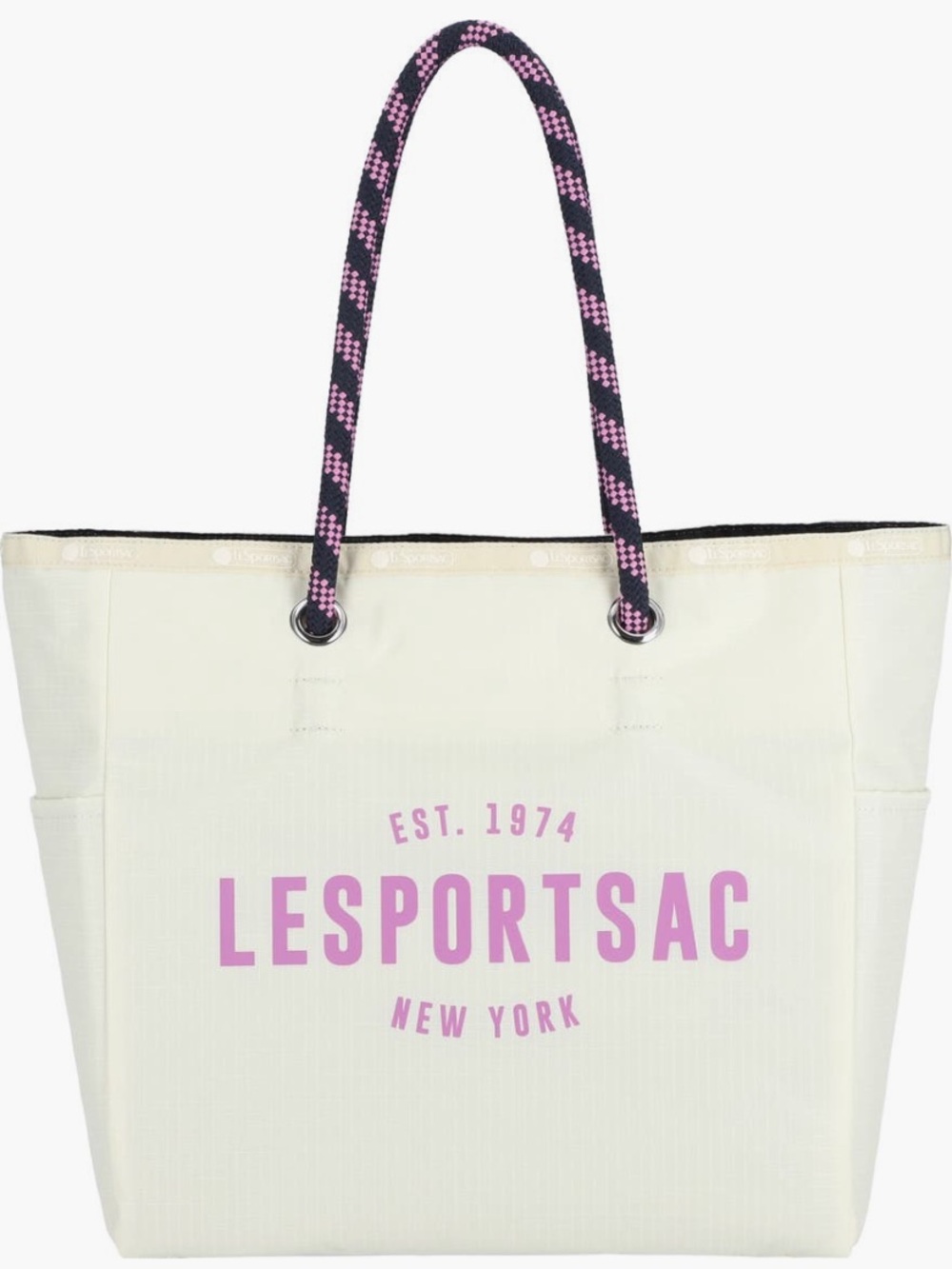 Lesportsac Cream Tote with Pink Logo and Pink-Black Rope Handles